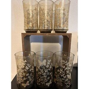 Libbey Smoked Butterfly Tumbler Set (6) Yellow Ombre Gray Glasses Vintage Floral